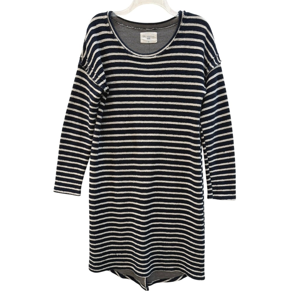 Sol Angeles Womens Navy White Striped Long Sleeve French Terry Shift Dress Sz M